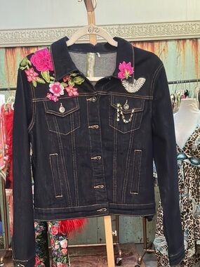 Aratta Black Denim Jacket with Pink Floral Embroidery